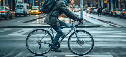 unrecognizable man riding bicycle in the street. photo
