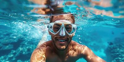 handsome man snorkeling underwater. photo