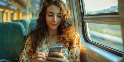 Stylishly dressed woman sitting in train holding smartphone in hand. photo