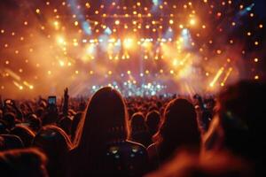 Caught up in the vibe. A huge group of fans screaming at a rock concert. photo