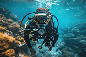 diver underwater, silhouette and sun light. photo
