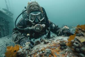 diver underwater, silhouette and sun light. photo