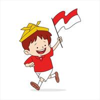 Illustration of a small child running while carrying a red and white flag to commemorate Indonesian Independence Day vector