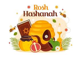 Happy Rosh Hashanah Illustration of Jewish New Year Holiday with Apple, Pomegranate, Honey, and Bee in Flat Style Cartoon Background vector