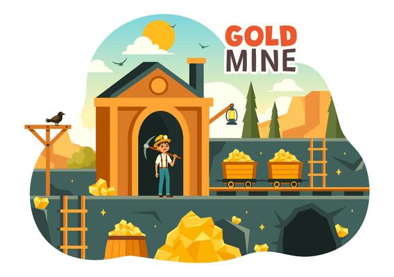 Gold Mine Illustration with Mining Industry Activity Featuring Treasure, Piles of Coins, Jewelry, and Gems in a Flat Style Cartoon Background