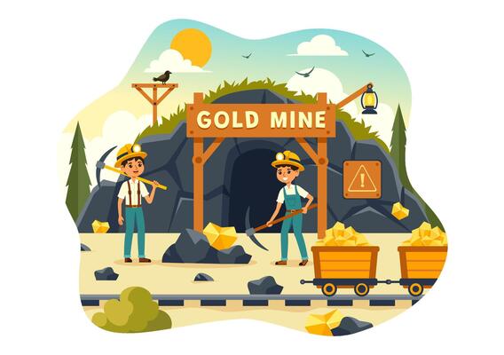 Gold Mine Illustration with Mining Industry Activity Featuring Treasure, Piles of Coins, Jewelry, and Gems in a Flat Style Cartoon Background