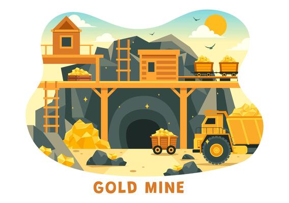 Gold Mine Illustration with Mining Industry Activity Featuring Treasure, Piles of Coins, Jewelry, and Gems in a Flat Style Cartoon Background