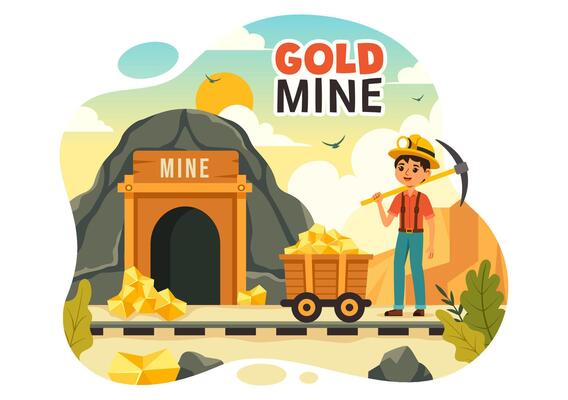 Gold Mine Illustration with Mining Industry Activity Featuring Treasure, Piles of Coins, Jewelry, and Gems in a Flat Style Cartoon Background