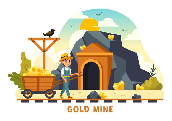 Gold Mine Illustration with Mining Industry Activity Featuring Treasure, Piles of Coins, Jewelry, and Gems in a Flat Style Cartoon Background