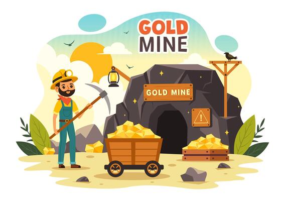 Gold Mine Illustration with Mining Industry Activity Featuring Treasure, Piles of Coins, Jewelry, and Gems in a Flat Style Cartoon Background