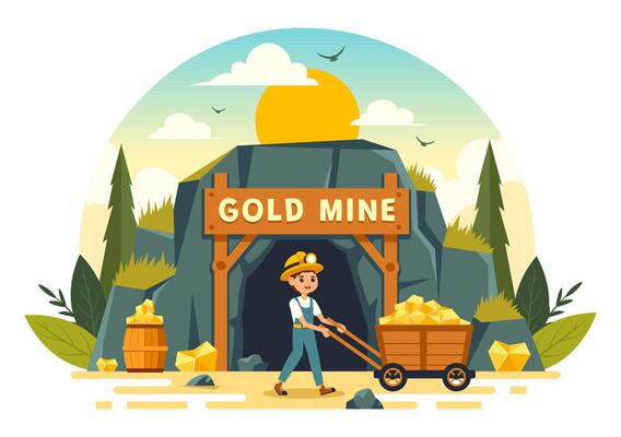 Gold Mine Illustration with Mining Industry Activity Featuring Treasure, Piles of Coins, Jewelry, and Gems in a Flat Style Cartoon Background