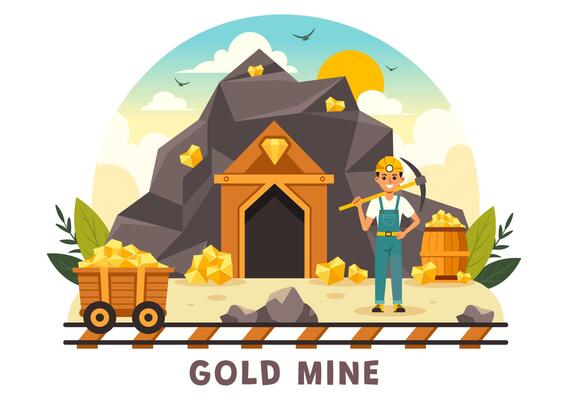 Gold Mine Illustration with Mining Industry Activity Featuring Treasure, Piles of Coins, Jewelry, and Gems in a Flat Style Cartoon Background