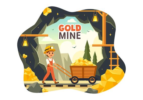 Gold Mine Illustration with Mining Industry Activity Featuring Treasure, Piles of Coins, Jewelry, and Gems in a Flat Style Cartoon Background