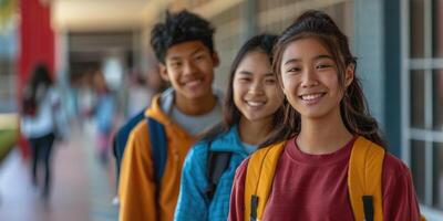 asian teen Students walking to school together, looking to camera. photo