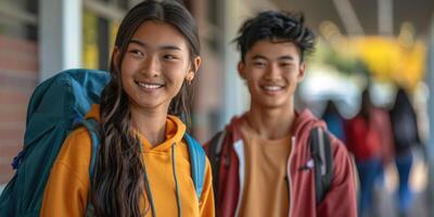asian teen Students walking to school together, looking to camera. photo