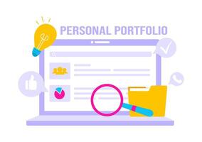 Personal Portfolio Illustration with Profile Data, Resume, or Self-Improvement to Attract Clients and Employers in a Flat Cartoon Background vector