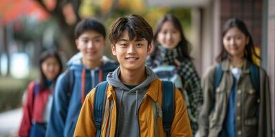 asian teen Students walking to school together, looking to camera. photo