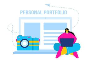 Personal Portfolio Illustration with Profile Data, Resume, or Self-Improvement to Attract Clients and Employers in a Flat Cartoon Background vector