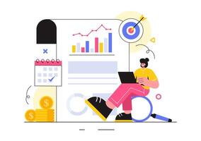 Market Research and Analysis Illustration with Team Management and Analytics for Creating Data Statistics in a Flat Style Cartoon Background vector