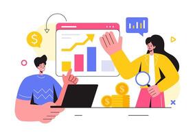 Market Research and Analysis Illustration with Team Management and Analytics for Creating Data Statistics in a Flat Style Cartoon Background vector