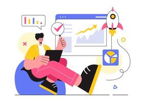 Market Research and Analysis Illustration with Team Management and Analytics for Creating Data Statistics in a Flat Style Cartoon Background vector