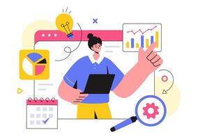 Market Research and Analysis Illustration with Team Management and Analytics for Creating Data Statistics in a Flat Style Cartoon Background vector