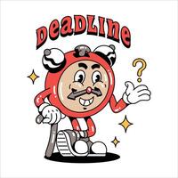 Hand drawn character Of Deadline Pose Retro Cartoon Groovy Style vector