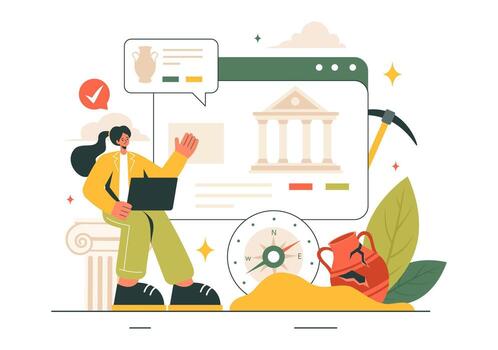 Archaeology Illustration featuring an Archaeological Excavation of Ancient Ruins, Artifacts, and Dinosaur Fossils in a Flat Cartoon Background vector