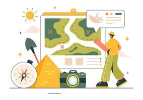 Archaeology Illustration featuring an Archaeological Excavation of Ancient Ruins, Artifacts, and Dinosaur Fossils in a Flat Cartoon Background vector