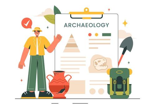 Archaeology Illustration featuring an Archaeological Excavation of Ancient Ruins, Artifacts, and Dinosaur Fossils in a Flat Cartoon Background vector