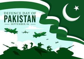 Pakistan Defence Day Illustration on 6th September featuring Waving Flag, Jets, Army, Building, and tanks in a Flat Style Cartoon Background vector