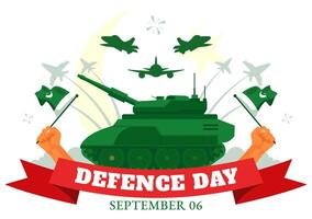Pakistan Defence Day Illustration on 6th September featuring Waving Flag, Jets, Army, Building, and tanks in a Flat Style Cartoon Background vector