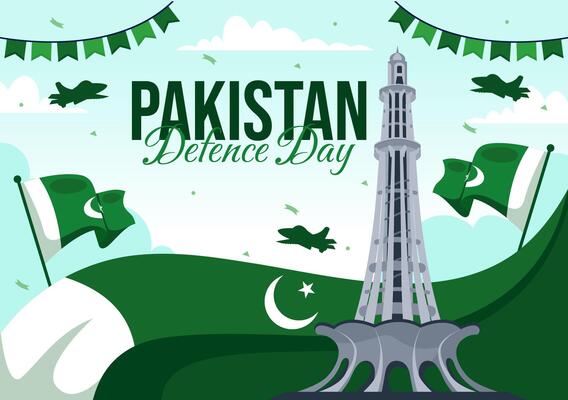 Pakistan Defence Day Illustration on 6th September featuring Waving Flag, Jets, Army, Building, and tanks in a Flat Style Cartoon Background