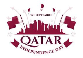 Happy Qatar Independence Day Illustration for September 3rd featuring a Waving Flag and Ribbon in a Flat Style Cartoon Background vector