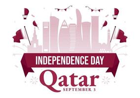 Happy Qatar Independence Day Illustration for September 3rd featuring a Waving Flag and Ribbon in a Flat Style Cartoon Background vector
