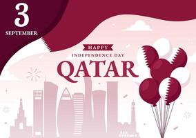 Happy Qatar Independence Day Illustration for September 3rd featuring a Waving Flag and Ribbon in a Flat Style Cartoon Background vector