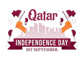 Happy Qatar Independence Day Illustration for September 3rd featuring a Waving Flag and Ribbon in a Flat Style Cartoon Background vector