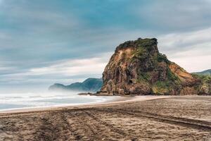 Lion Rock mountain on Piha Beach with breaking wave on gloomy day at West of Auckland photo