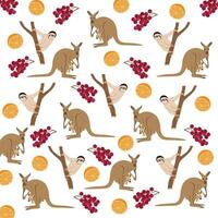 cute sloth, kangaroo with berries, oranges as a pattern background vector