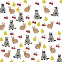 cute rabbit, raccoon with cherry and pear as a pattern background vector