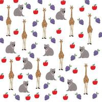 cute giraffe, koala with grape and apple as a pattern background vector