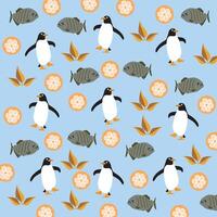 cute penguins, fish with oranges and leaves as a pattern background vector