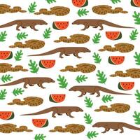 komodo dragon, anaconda with watermelon and leaves as a pattern background vector