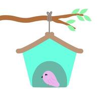 Cute bird house hanging on a branch tree graphic illustration vector