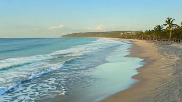 A serene beach with gentle waves and a clear blue sky. Soft, natural lighting to create a relaxing atmosphere. video