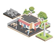 Isometric street coffee shop with tables and benches. Wind turbine with solar panels. Objects isolated on white background. Urban scene with people and trees. Ecological concept. vector