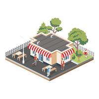 Isometric coffee shop with tables and benches. Objects isolated on white background. Urban scene with people and trees. vector