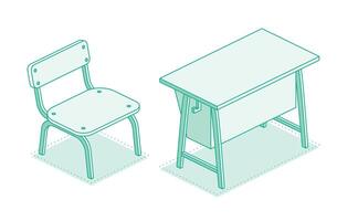 Isometric school desk table and chair. Outline object isolated on white background. Classroom. vector