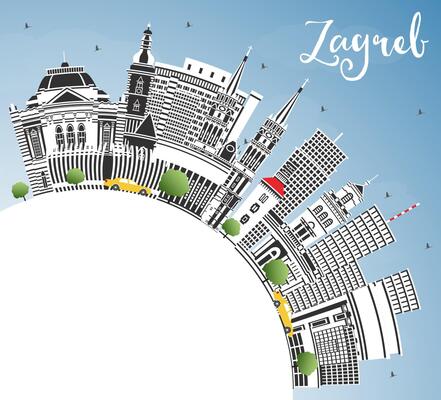 Zagreb Croatia City Skyline with Color Buildings, Blue Sky and Copy Space. Zagreb Cityscape with Landmarks. Business Travel and Tourism Concept with Historic Architecture.