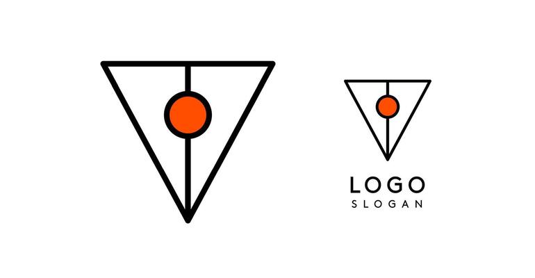 Abstract V letter logo with blue dots, arrow down, pen icon. Minimalist linear symbol for corporate branding, tech startups, security businesses, and game apps. illustration.